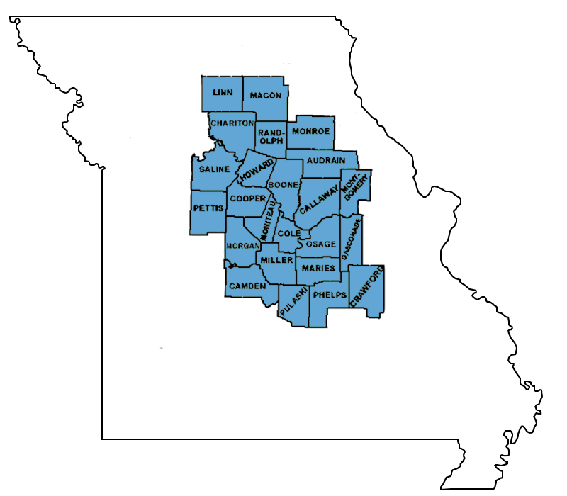 Map depicting counties for our central Missouri Node that includes he counties of Audrain, Boone, Callaway, Camden, Chariton, Cole, Cooper, Crawford, Gasconade, Howard, Linn, Macon, Maries, Miller, Moniteau, Monroe, Montgomery, Morgan, Osage, Pettis, Phelps, Pulaski, Randolph, and Saline.  
